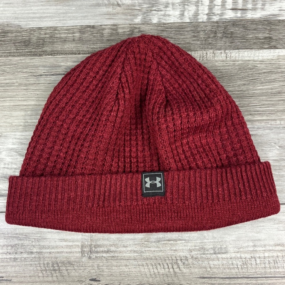 Under Armour Reversible Ribbed Beanie Hat Burgundy Maroon Cuffed Waffle Knit